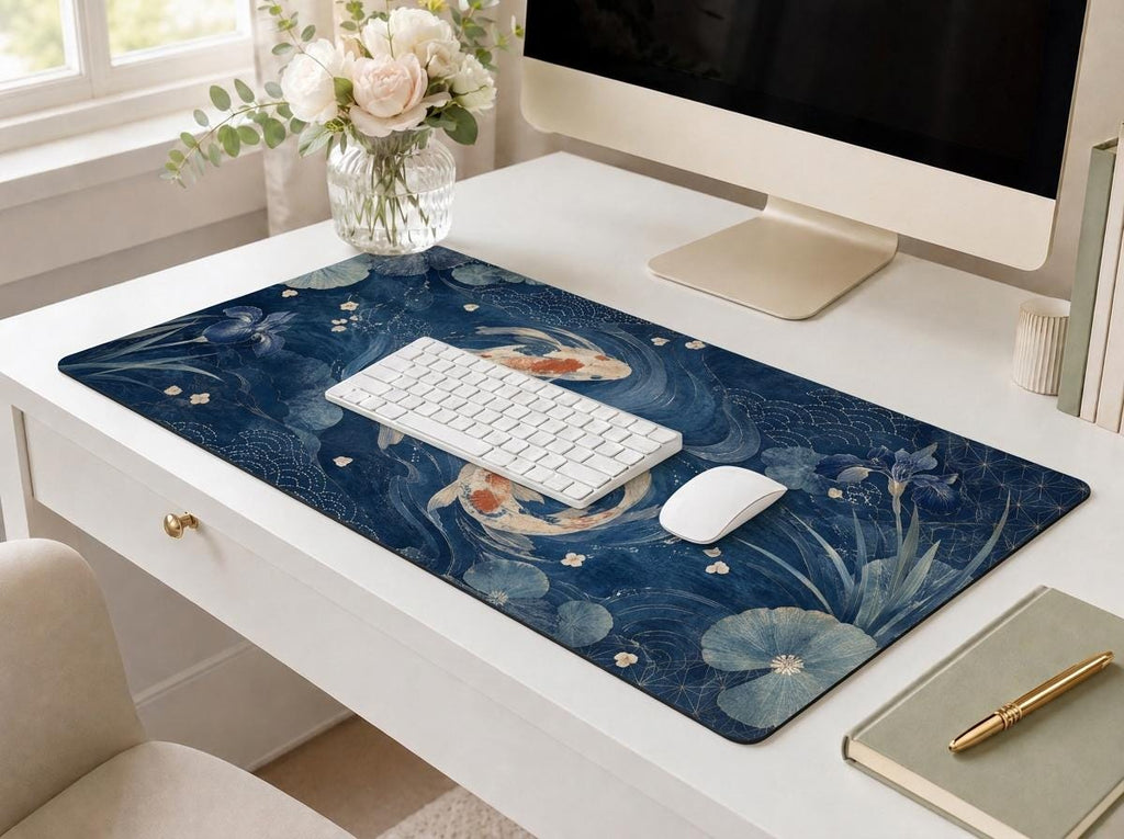 Japanese Koi Fish Desk Mat, Indigo Floral Vegan Leather Desk Mat, Asian Inspired Office Decor