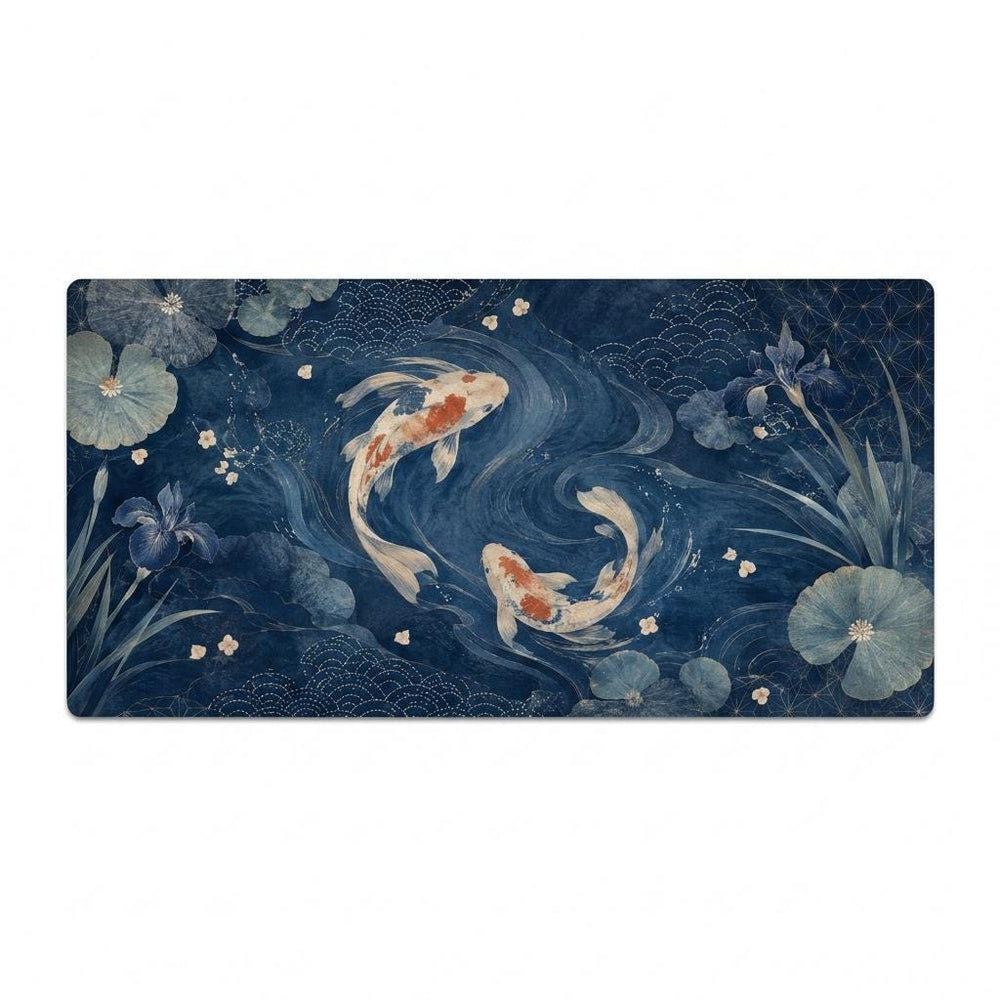 Japanese Koi Fish Desk Mat, Indigo Floral Vegan Leather Desk Mat, Asian Inspired Office Decor