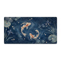 Japanese Koi Fish Desk Mat, Indigo Floral Vegan Leather Desk Mat, Asian Inspired Office Decor
