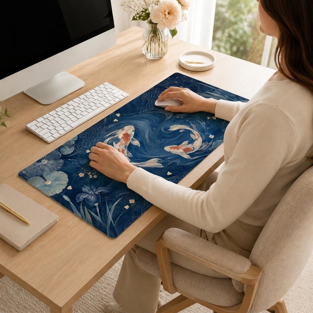 Japanese Koi Fish Desk Mat, Indigo Floral Vegan Leather Desk Mat, Asian Inspired Office Decor