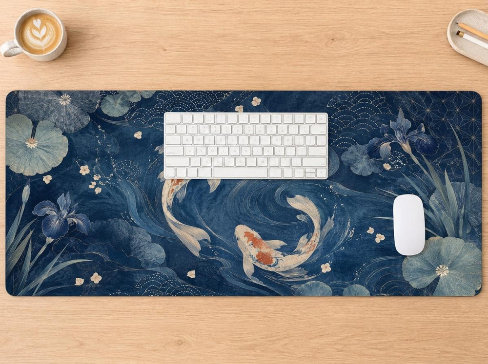 Japanese Koi Fish Desk Mat, Indigo Floral Vegan Leather Desk Mat, Asian Inspired Office Decor