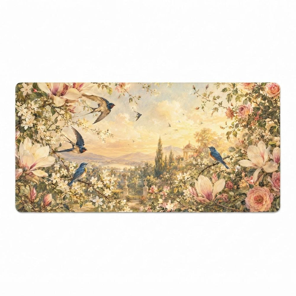 Vintage Garden Bird Desk Mat, Romantic Floral Vegan Leather Desk Mat, Botanical Office Decor