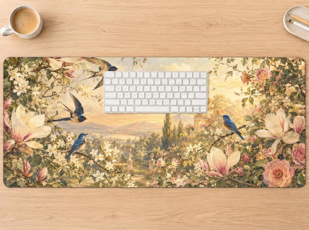 Vintage Garden Bird Desk Mat, Romantic Floral Vegan Leather Desk Mat, Botanical Office Decor