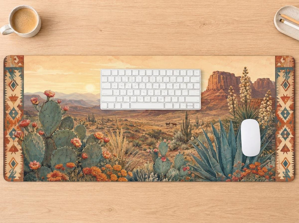 Southwestern Desert Desk Mat, Cactus Landscape Vegan Leather Desk Mat, Western Office Decor