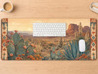 Southwestern Desert Desk Mat, Cactus Landscape Vegan Leather Desk Mat, Western Office Decor