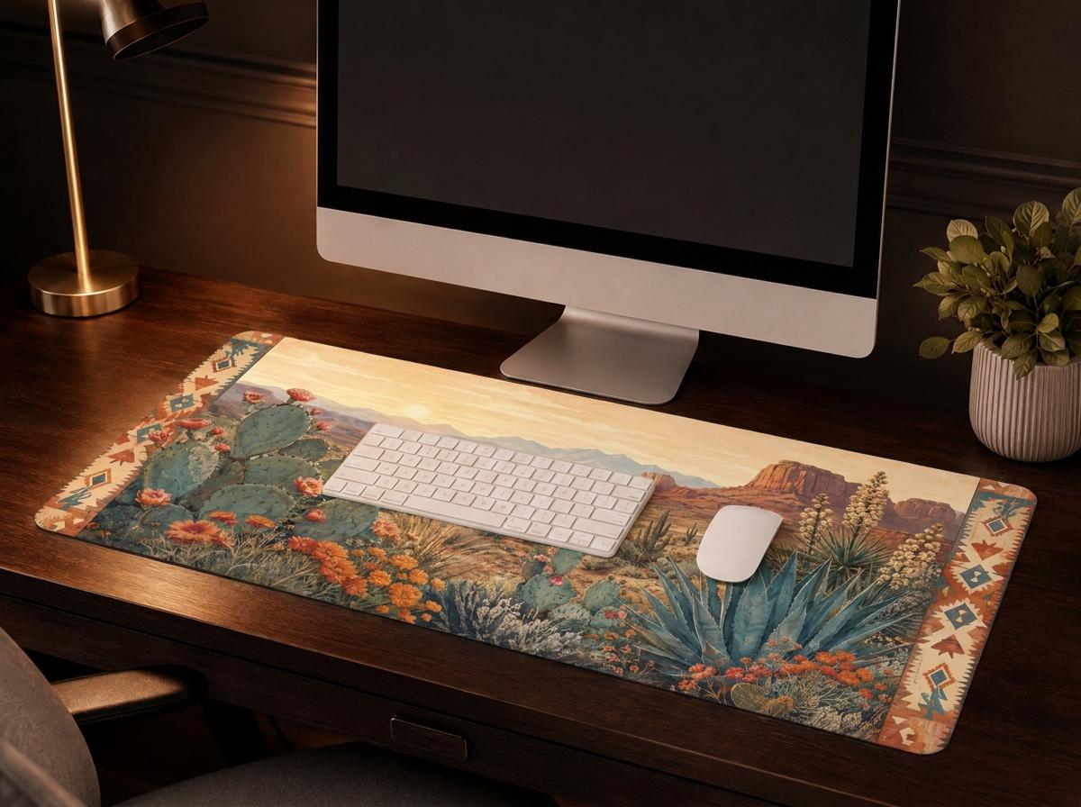 Southwestern Desert Desk Mat, Cactus Landscape Vegan Leather Desk Mat, Western Office Decor