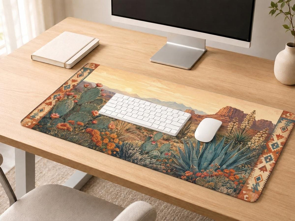 Southwestern Desert Desk Mat, Cactus Landscape Vegan Leather Desk Mat, Western Office Decor