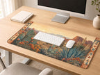 Southwestern Desert Desk Mat, Cactus Landscape Vegan Leather Desk Mat, Western Office Decor
