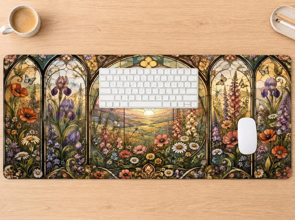 Stained Glass Wildflower Desk Mat, Floral Vegan Leather Desk Mat, Botanical Office Decor