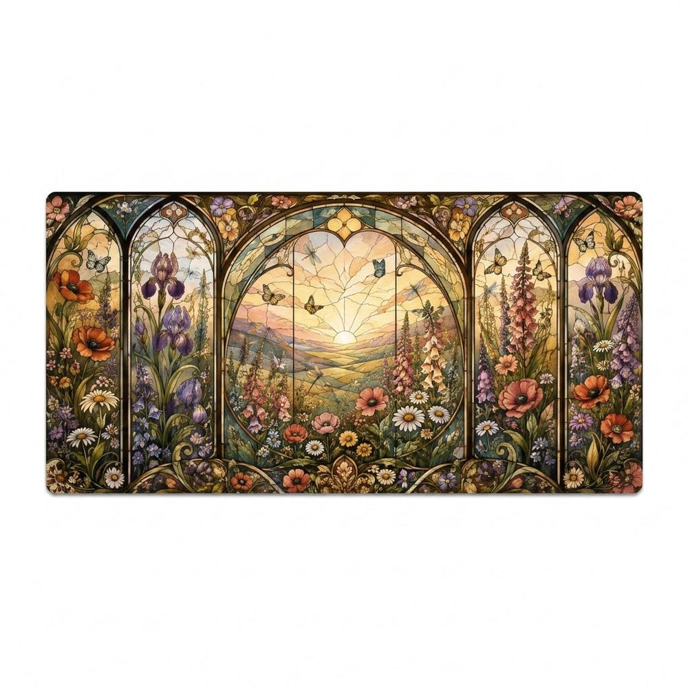 Stained Glass Wildflower Desk Mat, Floral Vegan Leather Desk Mat, Botanical Office Decor