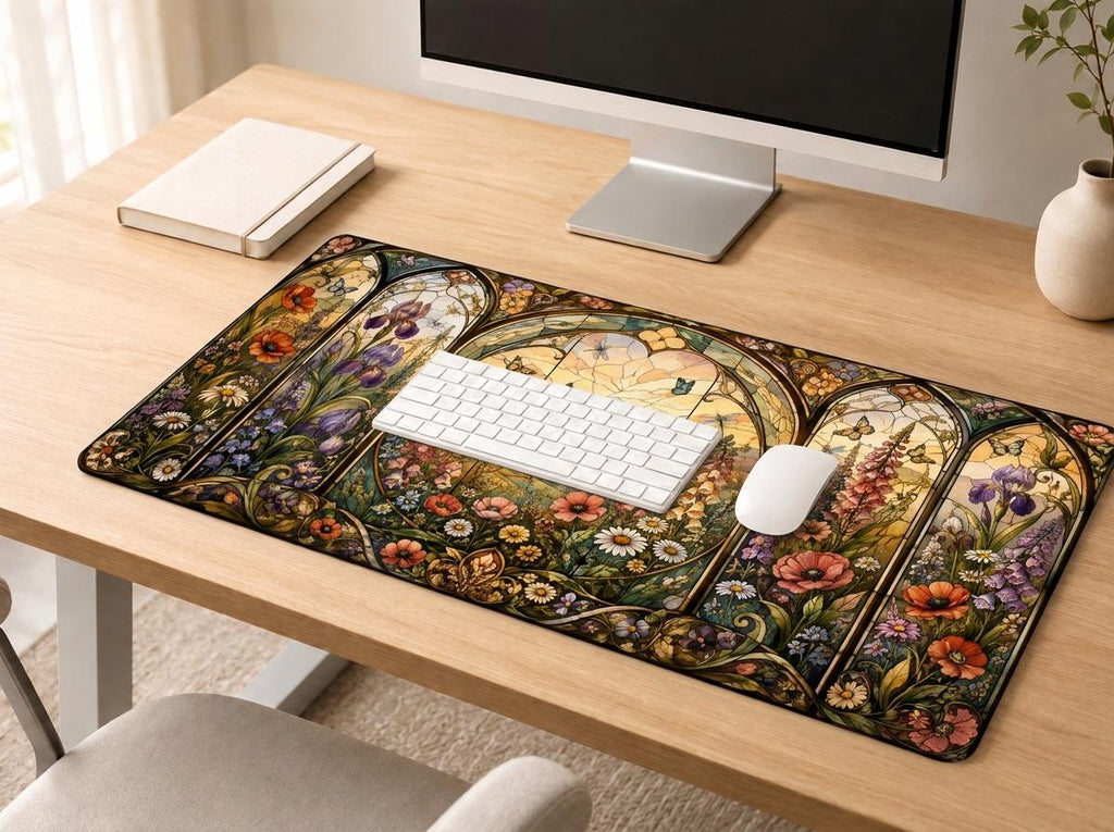 Stained Glass Wildflower Desk Mat, Floral Vegan Leather Desk Mat, Botanical Office Decor