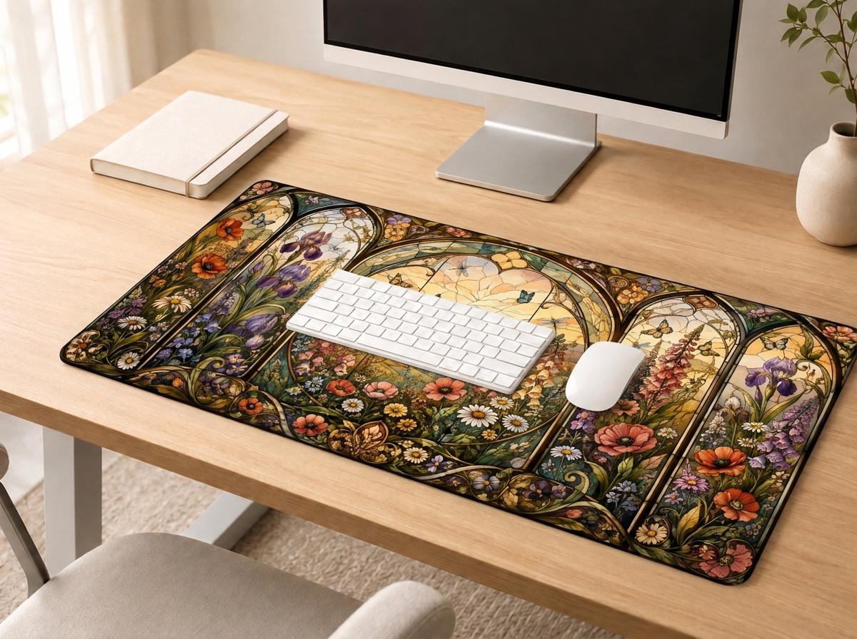Stained Glass Wildflower Desk Mat, Floral Vegan Leather Desk Mat, Botanical Office Decor