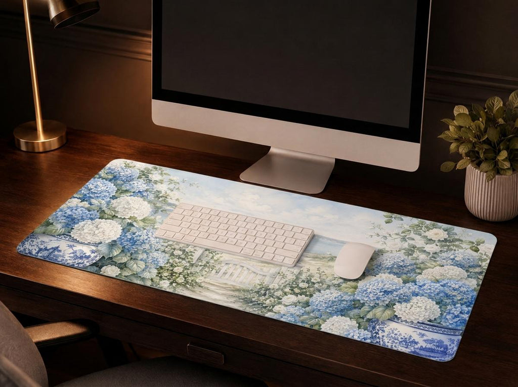Blue Hydrangea Coastal Desk Mat, Grandmillennial Vegan Leather Desk Mat, Seaside Office Decor