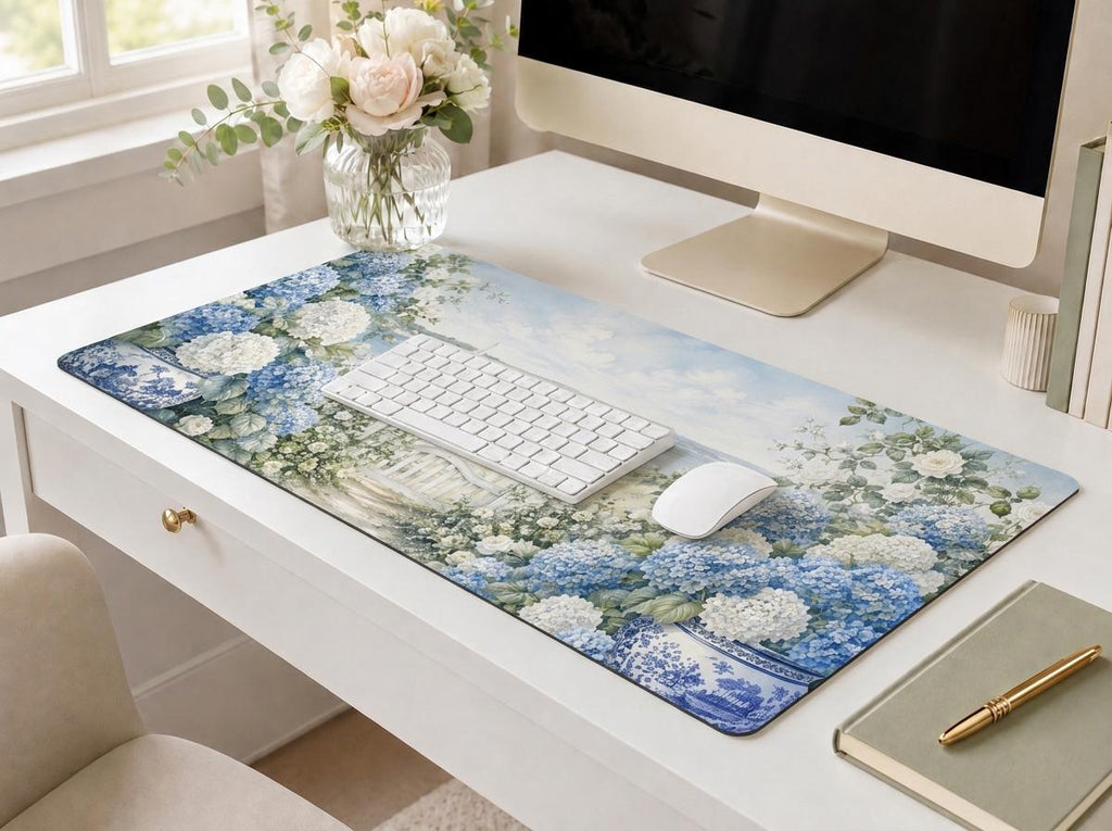 Blue Hydrangea Coastal Desk Mat, Grandmillennial Vegan Leather Desk Mat, Seaside Office Decor