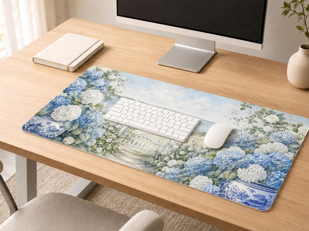 Blue Hydrangea Coastal Desk Mat, Grandmillennial Vegan Leather Desk Mat, Seaside Office Decor