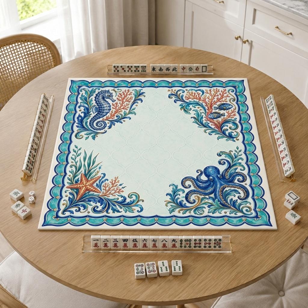 Coastal Mahjong Mat, Seahorse Octopus Coral Majolica Design, 31.5 Inch