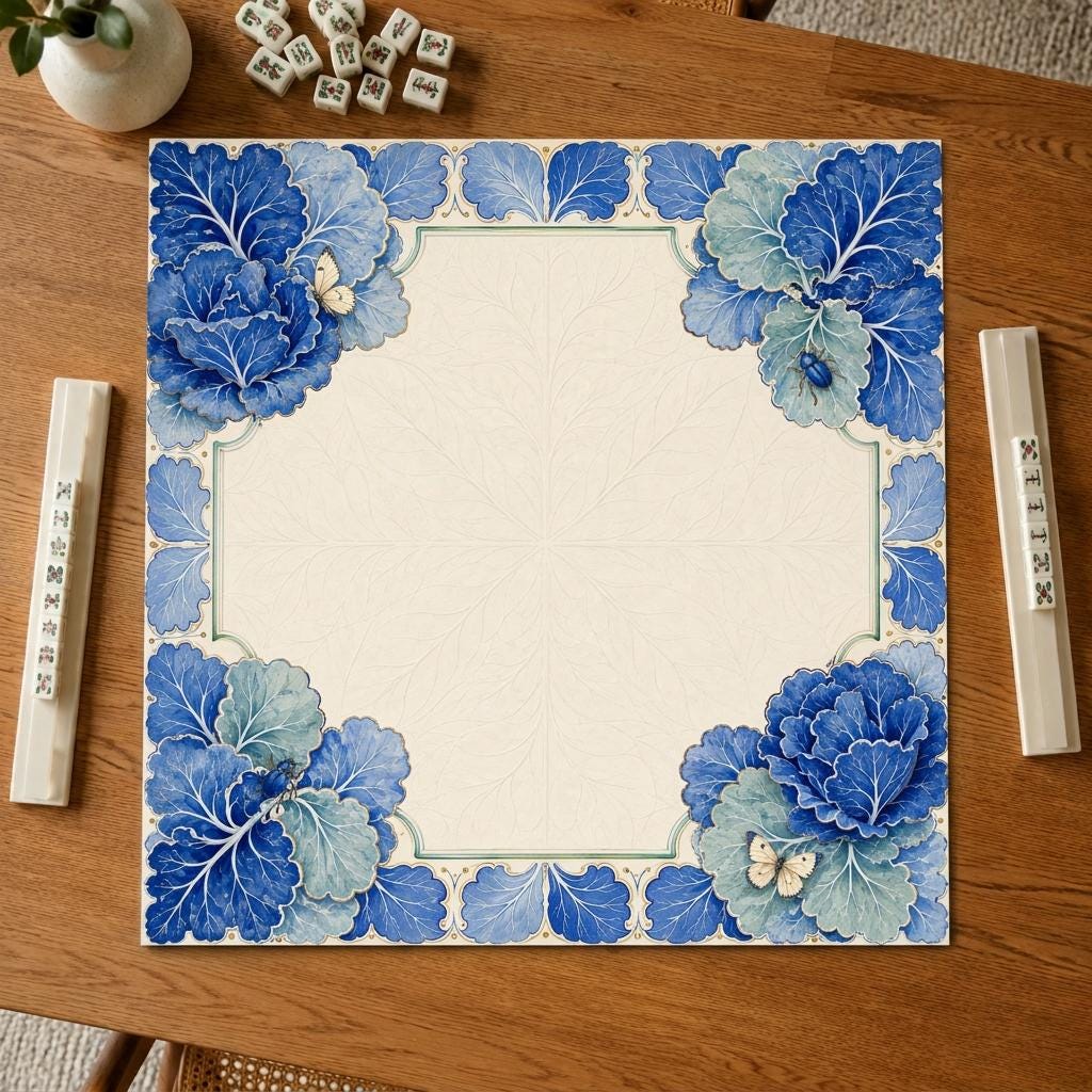 Blue Botanical Mahjong Mat, Cabbage Leaf Majolica Garden Design, 31.5 Inch