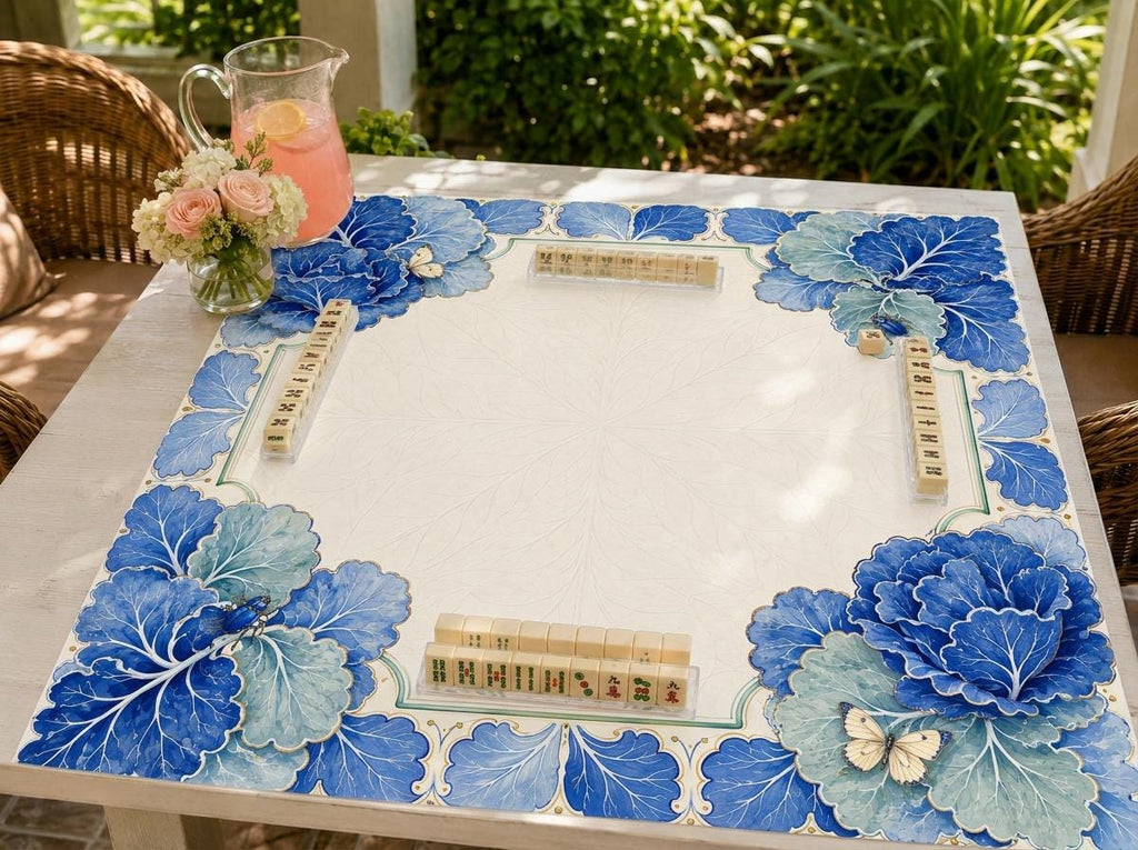 Blue Botanical Mahjong Mat, Cabbage Leaf Majolica Garden Design, 31.5 Inch