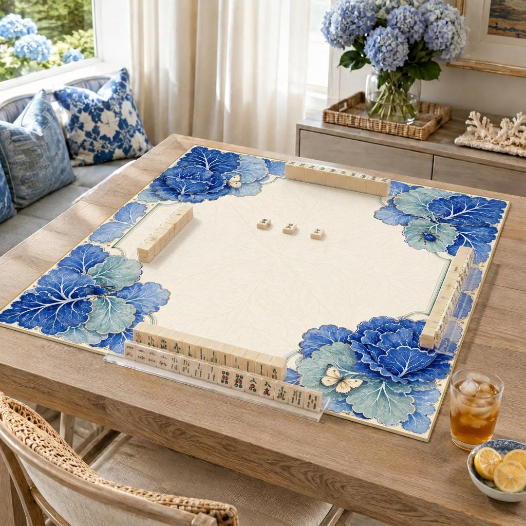 Blue Botanical Mahjong Mat, Cabbage Leaf Majolica Garden Design, 31.5 Inch