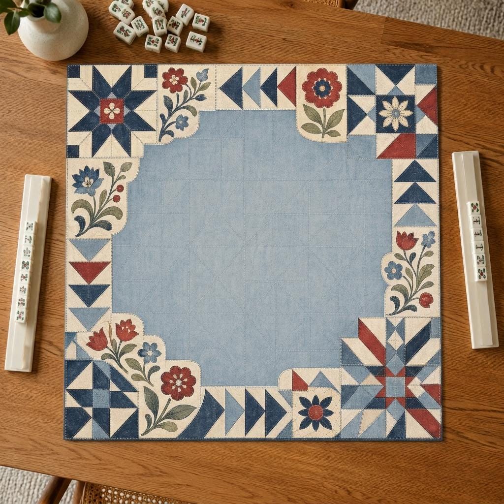 Americana Mahjong Mat, Vintage Quilt Floral Patchwork Design, 31.5 Inch