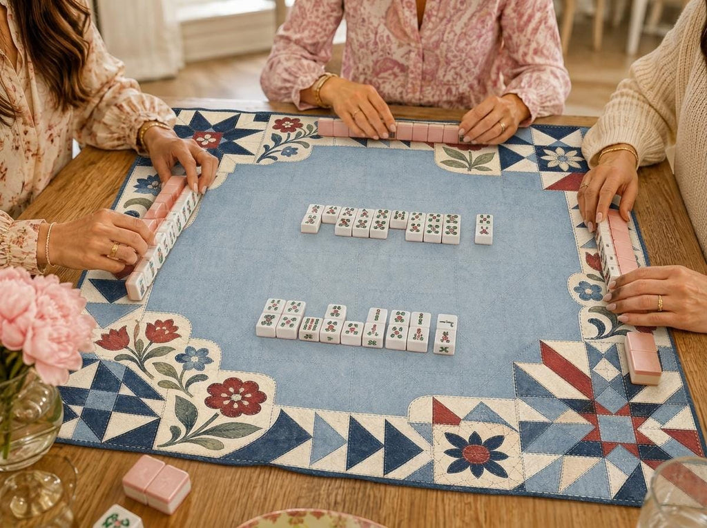 Americana Mahjong Mat, Vintage Quilt Floral Patchwork Design, 31.5 Inch