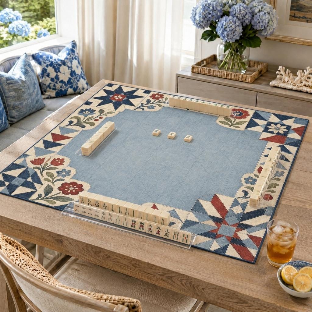 Americana Mahjong Mat, Vintage Quilt Floral Patchwork Design, 31.5 Inch