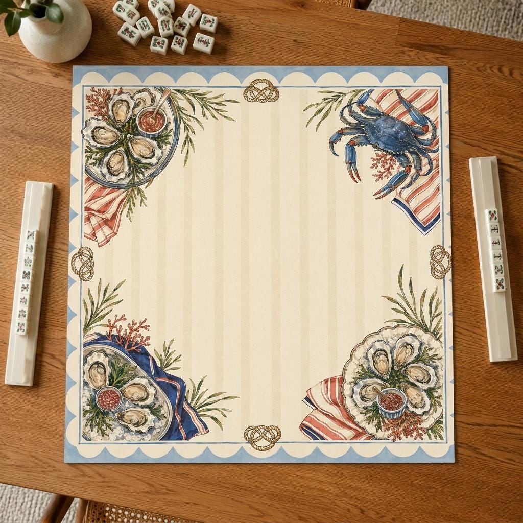 Oyster Mahjong Mat, Coastal Blue Crab Seafood Club Design, 31.5 Inch