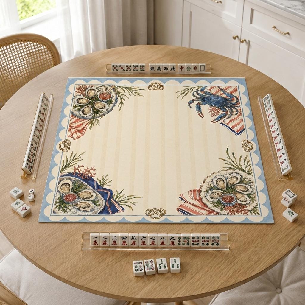 Oyster Mahjong Mat, Coastal Blue Crab Seafood Club Design, 31.5 Inch