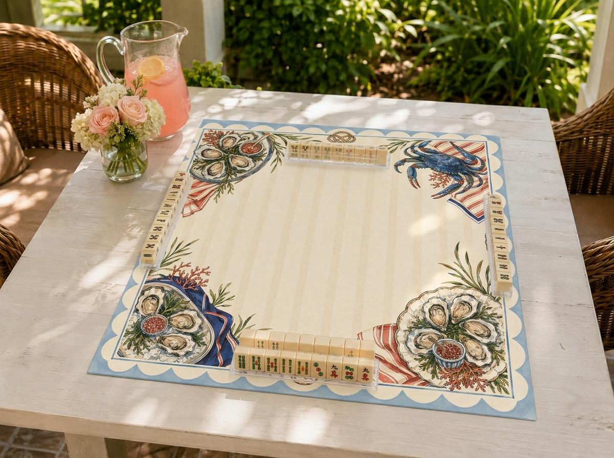Oyster Mahjong Mat, Coastal Blue Crab Seafood Club Design, 31.5 Inch