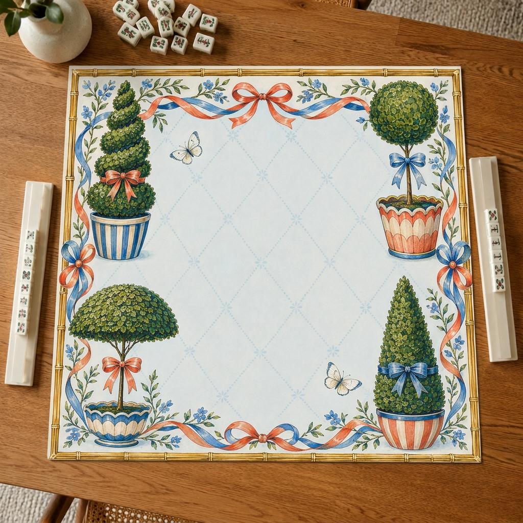 Preppy Mahjong Mat, Topiary Ribbon Garden Party Design, 31.5 Inch
