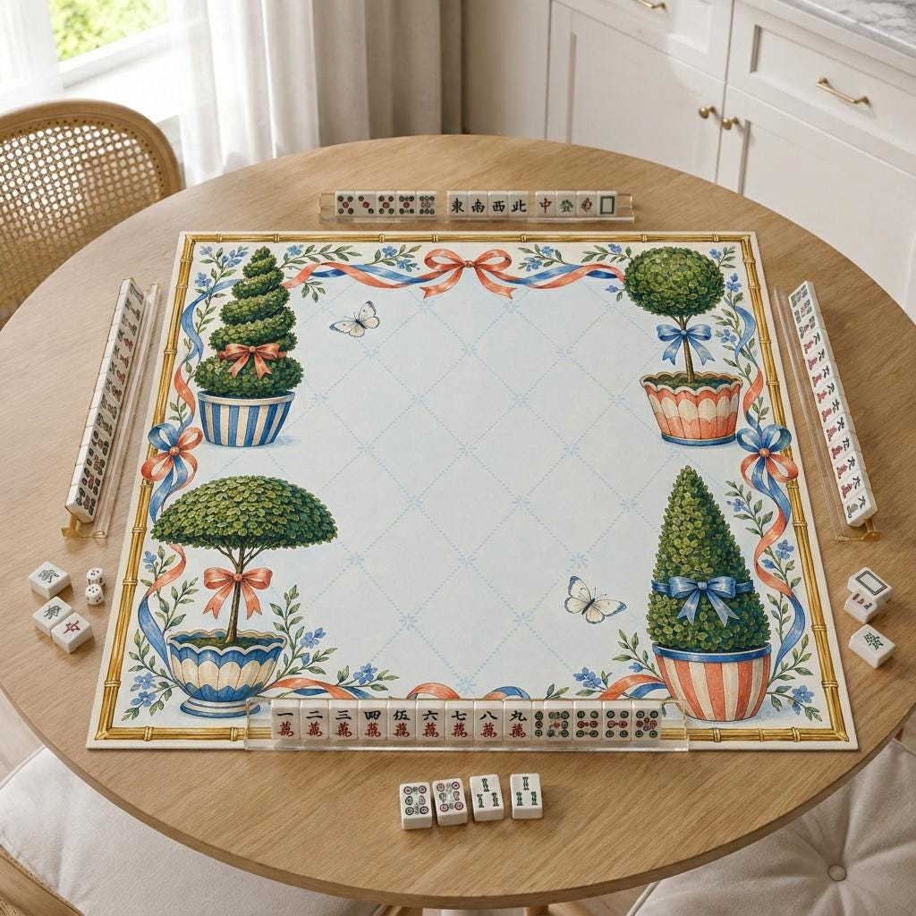 Preppy Mahjong Mat, Topiary Ribbon Garden Party Design, 31.5 Inch