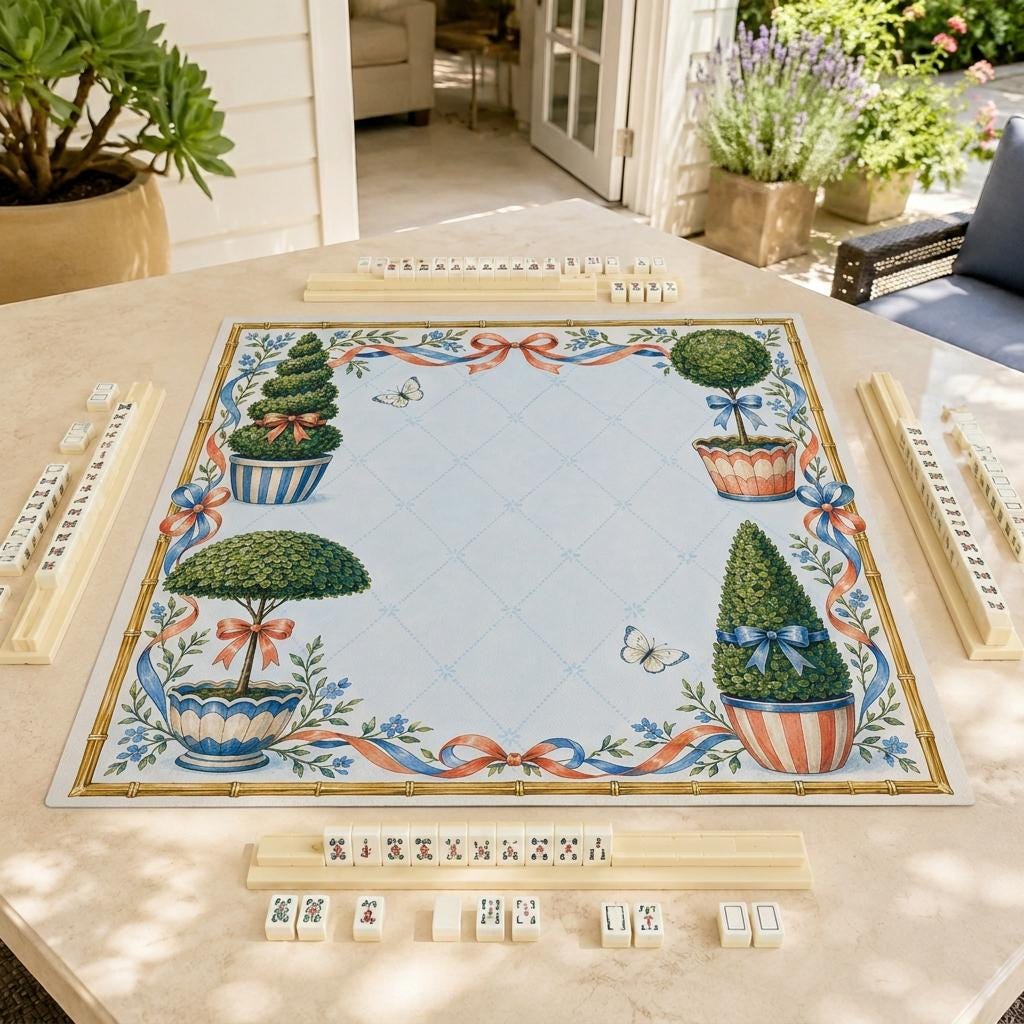 Preppy Mahjong Mat, Topiary Ribbon Garden Party Design, 31.5 Inch