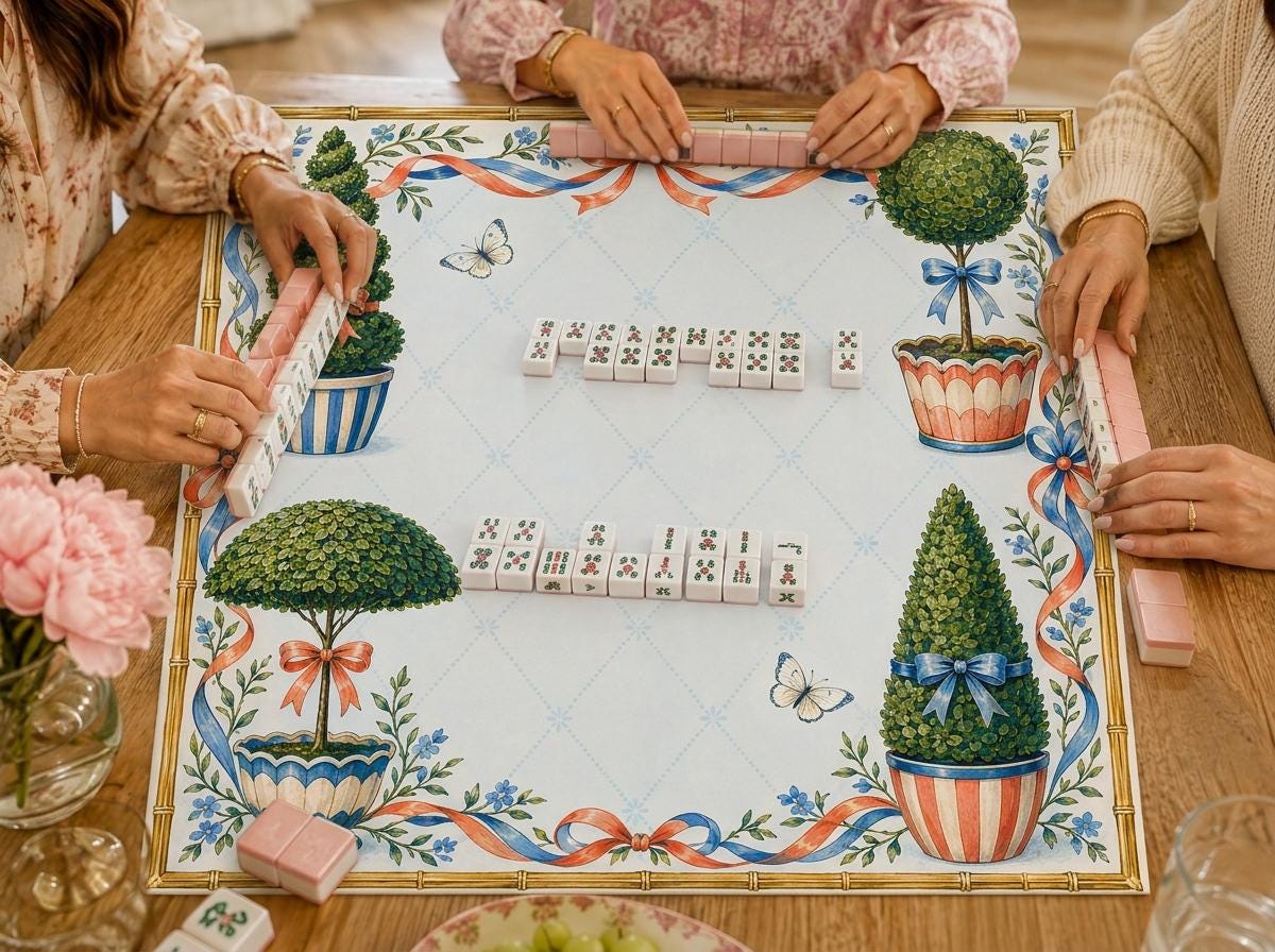 Preppy Mahjong Mat, Topiary Ribbon Garden Party Design, 31.5 Inch