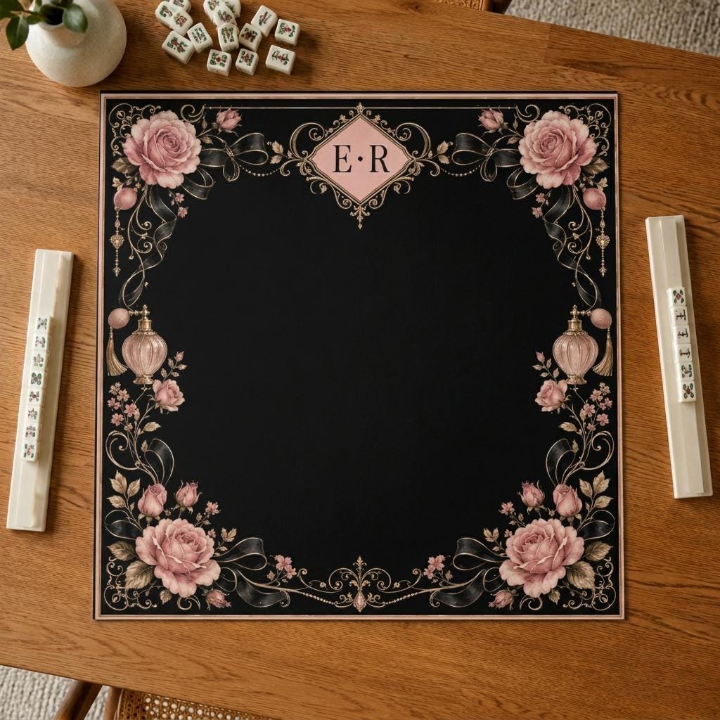 Black Rose Mahjong Mat, Luxury Bow Monogram Victorian Design, 31.5 Inch