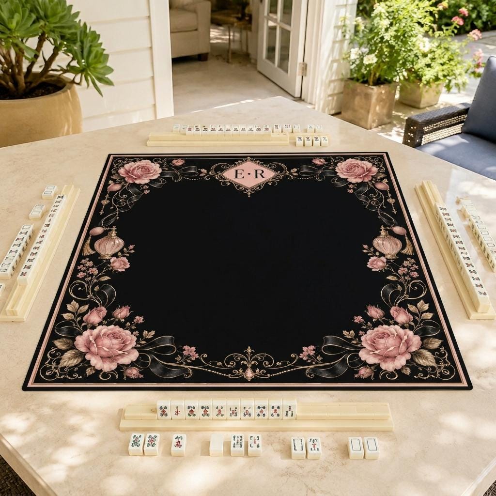Black Rose Mahjong Mat, Luxury Bow Monogram Victorian Design, 31.5 Inch