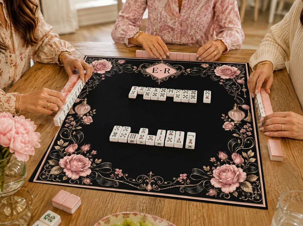 Black Rose Mahjong Mat, Luxury Bow Monogram Victorian Design, 31.5 Inch