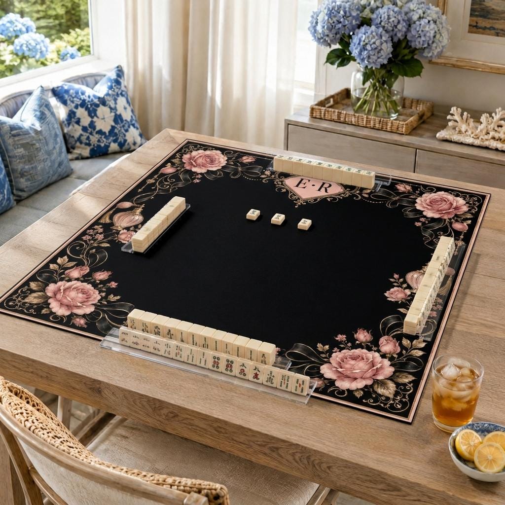 Black Rose Mahjong Mat, Luxury Bow Monogram Victorian Design, 31.5 Inch