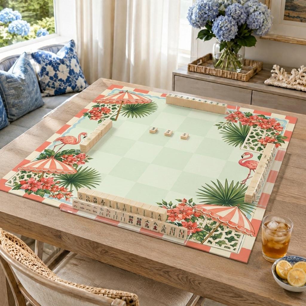 Flamingo Mahjong Mat, Tropical Cabana Garden Party Design, 31.5 Inch