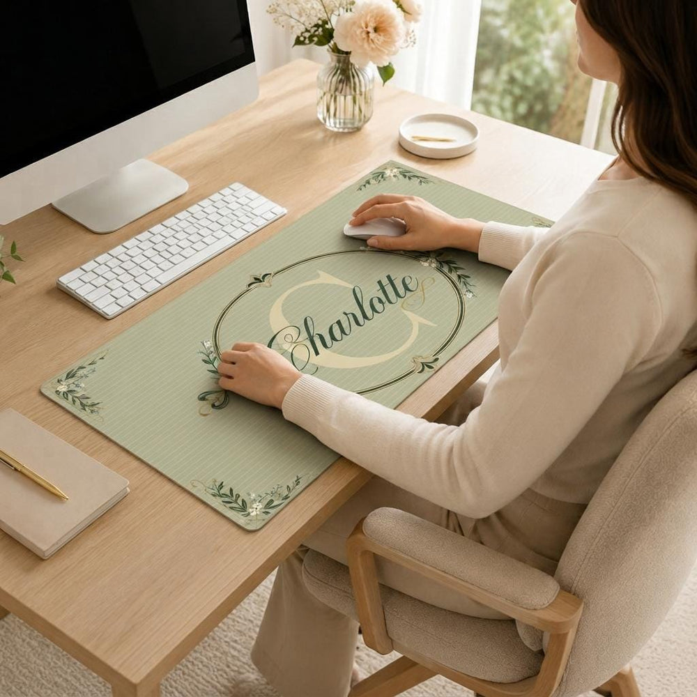 Personalized Green Desk Mat, Monogram Mouse Pad, Vintage Floral Keyboard Mat, Elegant Office Decor
