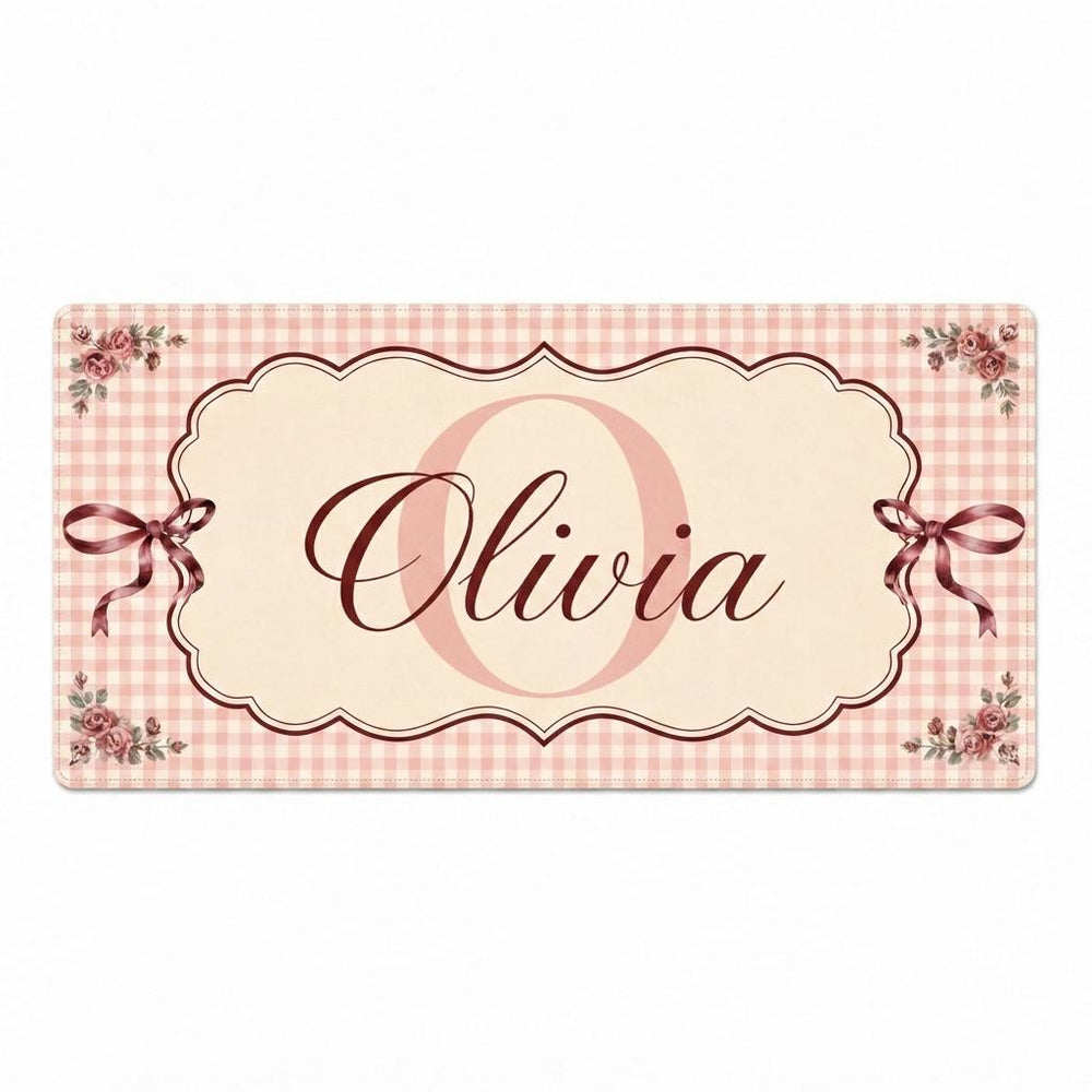 Pink Gingham Desk Mat, Personalized Floral Mouse Pad, Vintage Rose Keyboard Mat, Romantic Office Decor