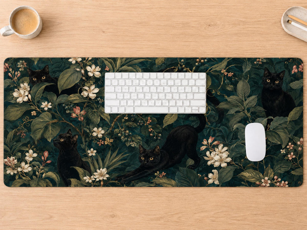 Black Cat Botanical Desk Mat, Dark Floral Mouse Pad, Vintage Garden Office Decor