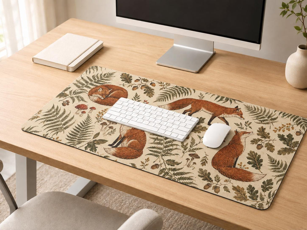 Vintage Fox Woodland Desk Mat, Cottagecore Forest Mouse Pad, Botanical Office Decor