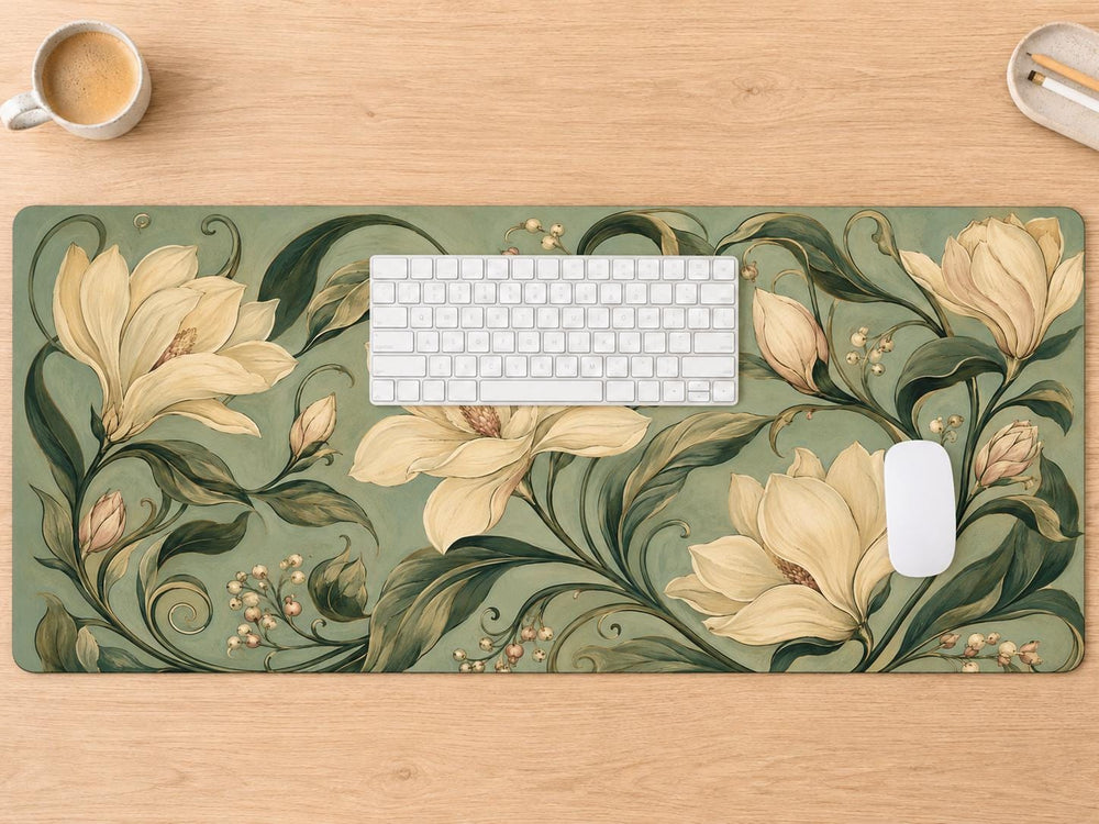 Vintage Magnolia Floral Desk Mat, Sage Green Botanical Desk Mat, Cottagecore Office Decor
