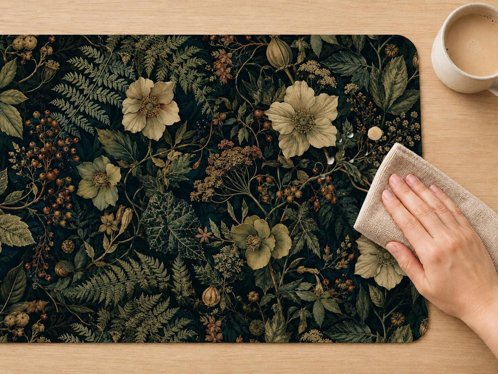 Dark Botanical Floral Desk Mat, Vintage Wildflower Vegan Leather Desk Mat, Moody Office Decor
