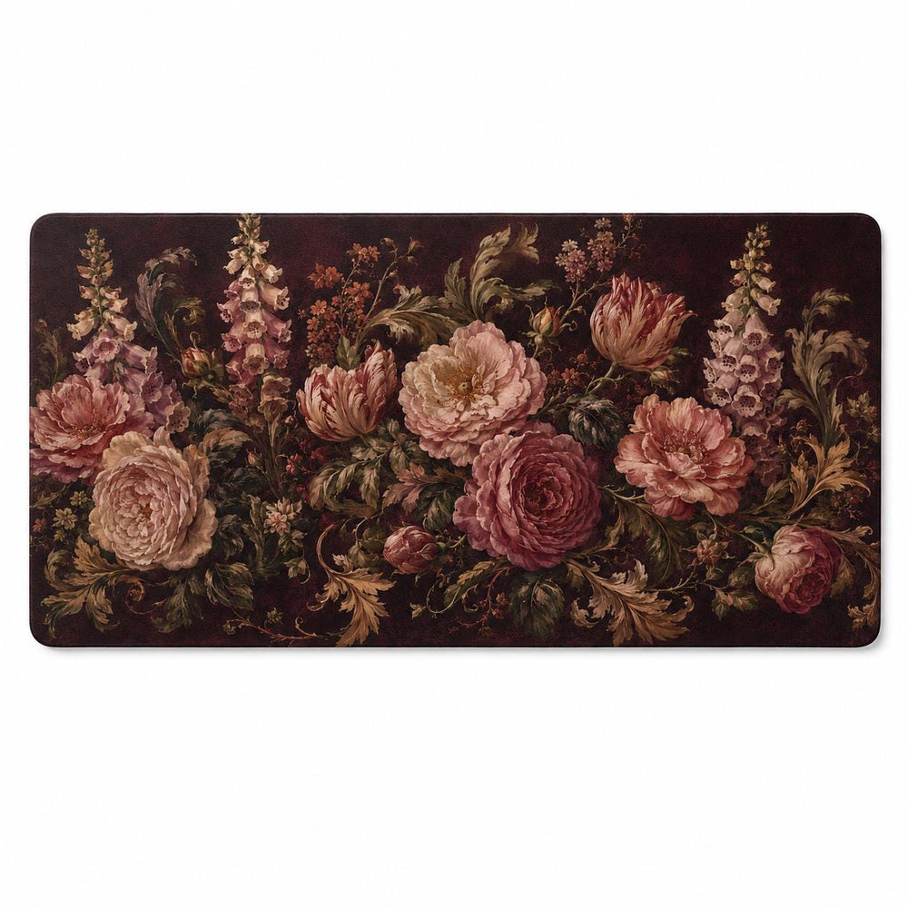 Vintage Rose Floral Desk Mat, Dark Burgundy Botanical Vegan Leather Desk Mat, Victorian Office Decor