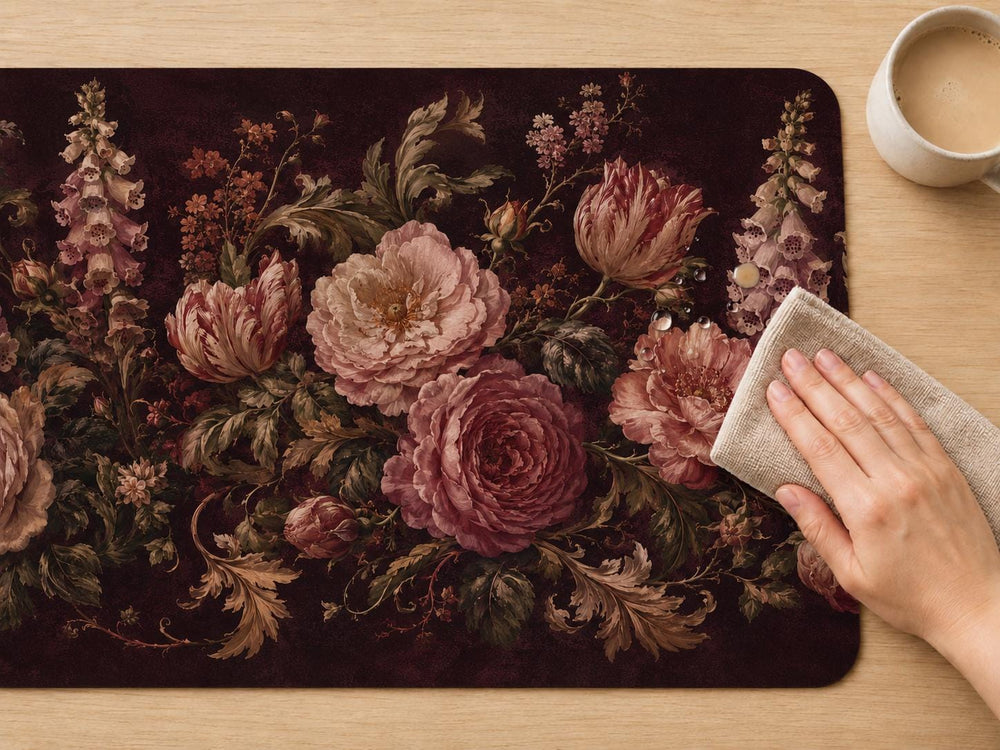 Vintage Rose Floral Desk Mat, Dark Burgundy Botanical Vegan Leather Desk Mat, Victorian Office Decor