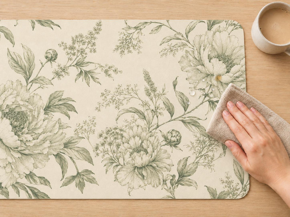 Vintage Peony Botanical Desk Mat, Sage Green Floral Vegan Leather Desk Mat, Cottagecore Office Decor
