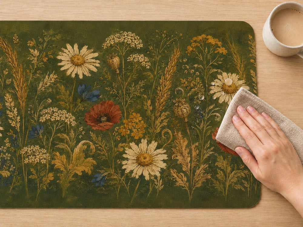 Vintage Wildflower Desk Mat, Dark Green Botanical Vegan Leather Desk Mat, Floral Office Decor