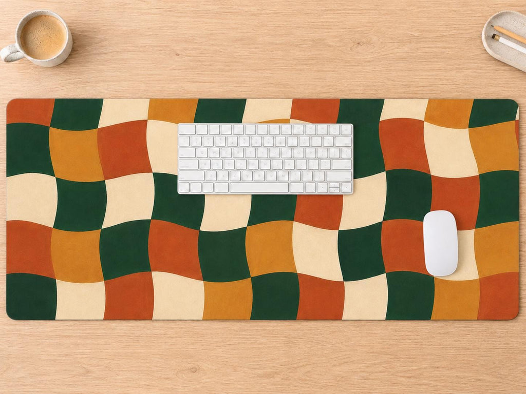 Retro Wavy Checkered Desk Mat, Green Orange Vegan Leather Desk Mat, Groovy Office Decor
