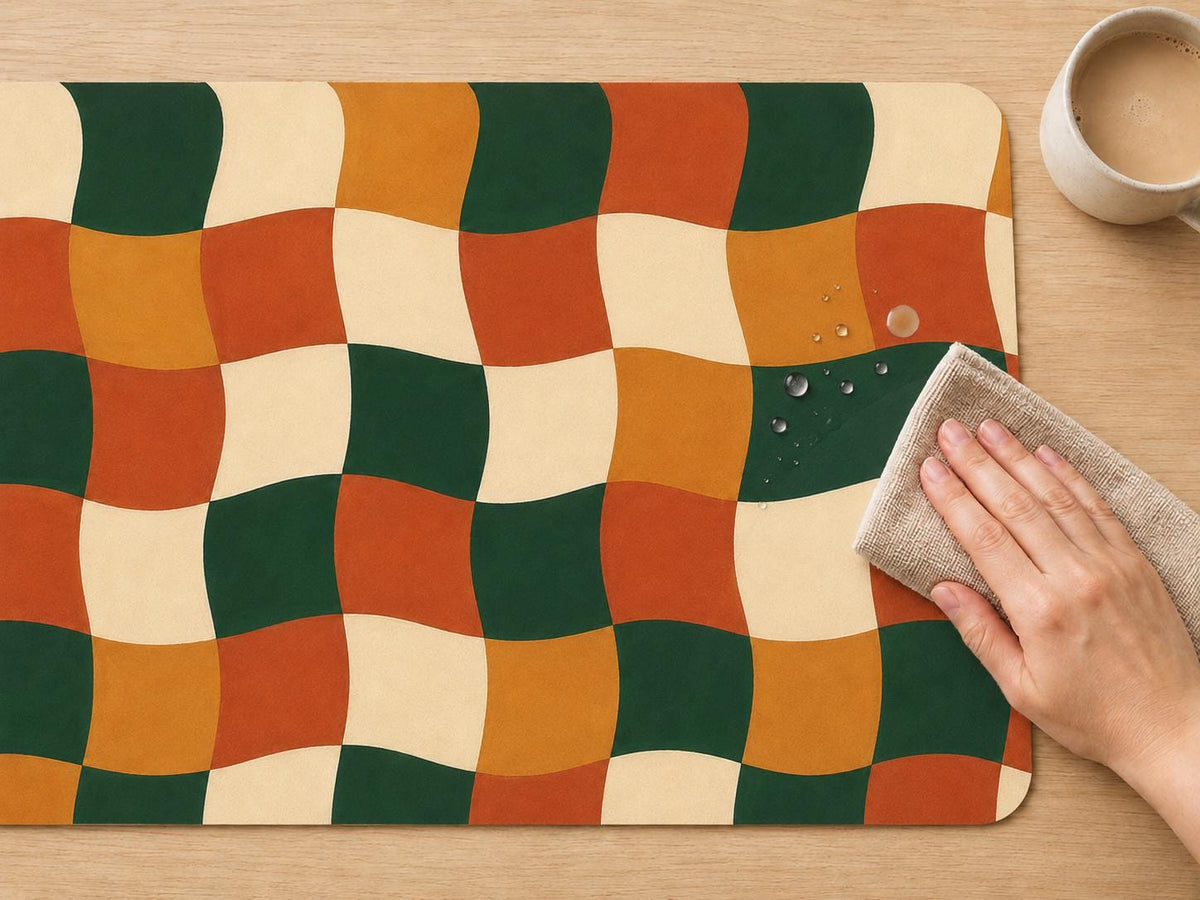Retro Wavy Checkered Desk Mat, Green Orange Vegan Leather Desk Mat, Groovy Office Decor